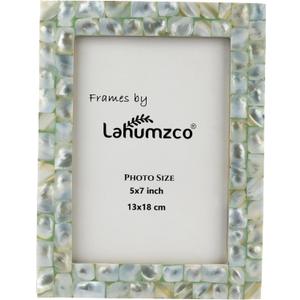 Lahumzco Mother of Pearl Photo Frame 5x7  Handmade Decorative Picture Frame for Tabletop or Wall  Elegant Pearl Inlay Home Dcor for Living Room, Bedroom, Office (Green)