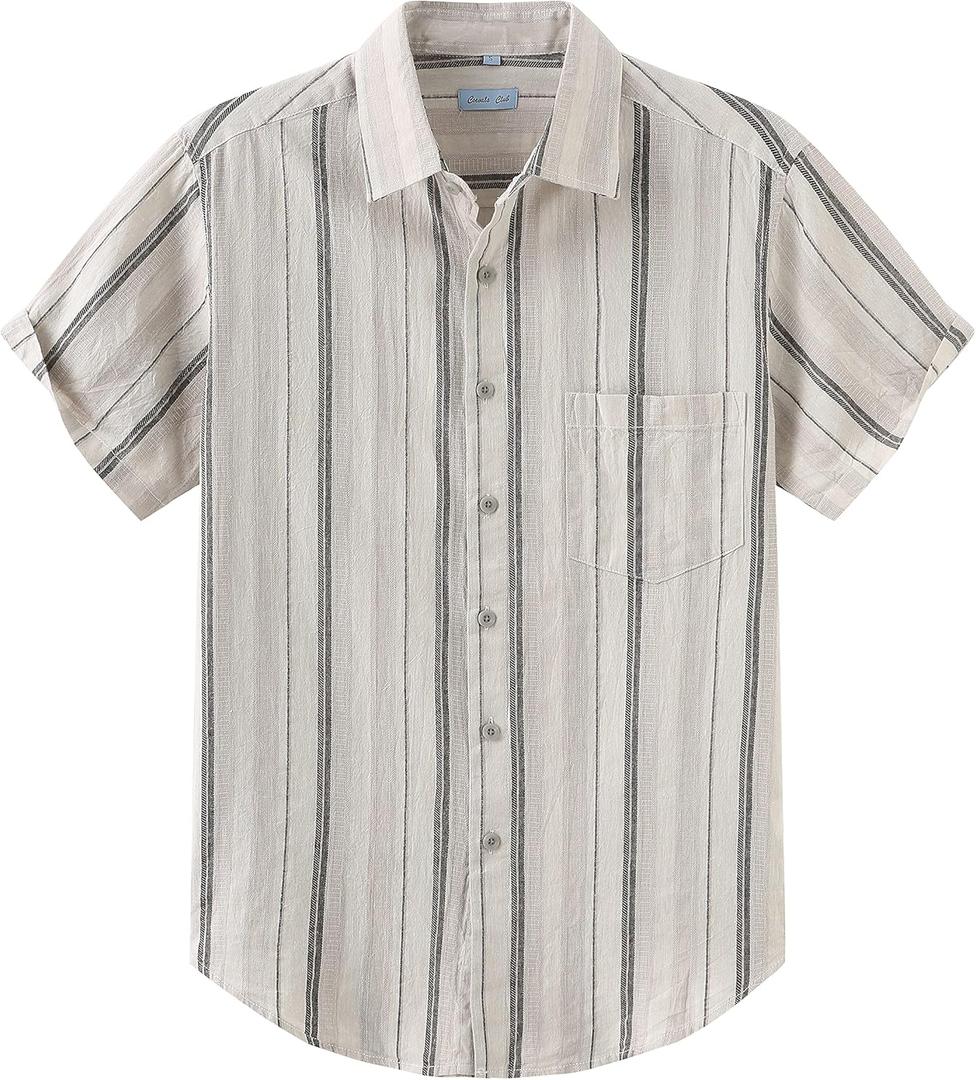 COEVALS CLUB Men's Casual Linen Cotton Button Down Spread Collar Short Sleeve Summer Beach Shirts (XX-Large, Brich Stripe 8#)