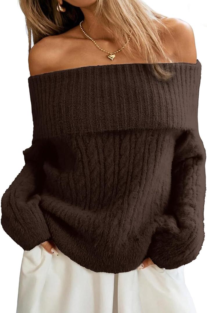 ELLEVEN Womens Off Shoulder Cable Knit Sweater, Soft Oversized Pullover for Casual Fall Winter Outfits (Small, Brown)