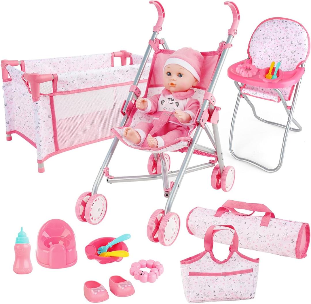 DeAO Baby Doll Stroller Crib Bed Nursery Role Play Set Baby Doll Accessories and Play Mat,Travel Cot,Bouncer,Foldable Stroller and Travel Bag Birthday for Girls Boys Kids