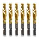 6-pc 1/4-20NC Combination Drill Tap Bit Set SAE, 1/4" UNC-20 Thread Size, Titanium Coated High-Speed Steel, Ideal for Drilling and Threading in Soft Metal Wood and Plastic, 1/4 Hex Shank