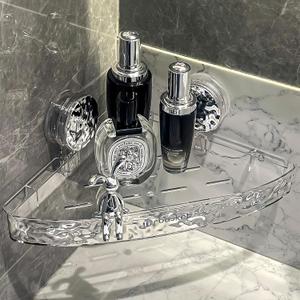 Corner Shower Caddy Suction Cup, Wall Mounted Suction Shower Rack Organizer, No Drilling Shower Shelf, Clear Basket with 4 Movable Hooks, Bathroom Storage Rack (clear, 90 corner)