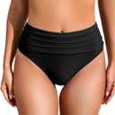 COCOPEAR Full Coverage Bikini Bottoms for Women Mid Rise Bathing Suit Bottoms for Women Ruched Tummy Control Swim Bottoms (L, 2# Black)