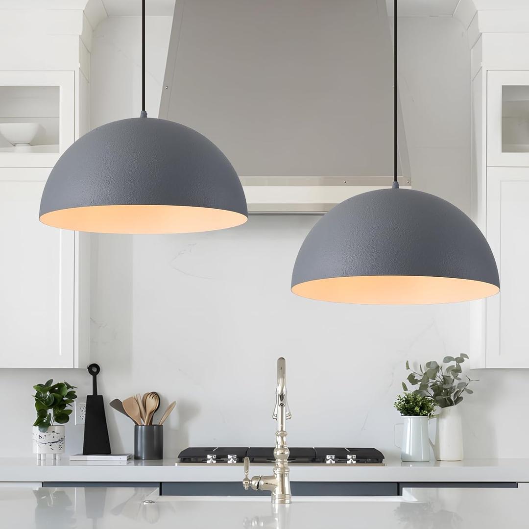 Industrial Pendant Lights Kitchen Island, 16 Inch Grey and White Metal Dome Pendant Light Fixtures, Farmhouse Hanging Light Fixture for Dining Room Restaurant Foyer Cafe, 2 Pack