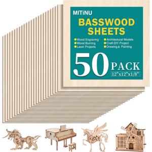 50 Pack Basswood Sheets for Crafts,12"x12"x1/8" 3mm Thick Plywood Sheets with Smooth Surfaces-Unfinished Squares Wood Boards for Laser Cutting, Wood Burning, Architectural Models, Staining