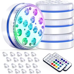 Submersible Led Pool Lights for Above Ground Pools IP68 Waterproof Inground Pond Light Underwater with 4 Magnets, 4 Suction Cups and 16 RGB Dynamic Color, for Father's Day Party Decorations (4pack)