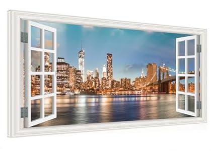Window View New York Night Canvas Wall Art- City Landscape Canvas Print Pictures Painting Artwork Framed for Living Room Bedroom Bathrom Offce Decor-20"x40"