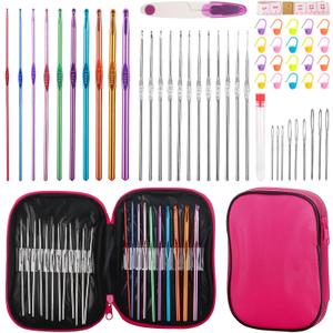 MECHEER Crochet Hooks Set, 54 Pack Crochet Needles Set Crochet Kits for Beginners, Ergonomic Crochet Hooks Kit with Storage Case, Knitting Needles, Hand Craft Knitting Accessories for Crocheters (Rose Red)
