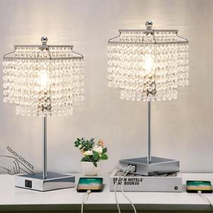 Luvkczc Crystal Table Lamp with Touch Control Set of 2, USB Bedside Table Lamp with USB C+A Ports, Dimmable Lamp with Crystal Shade for Bedroom, Living Room, 6W LED Bulb Included