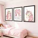 Cute Pink Unicorn Girl Quote Framed Wall Art Set of 3, Lovely Pastel Purple Rainbow Saying Sign for Baby Kid Toddlers, Cozy Watercolor Wooden Preschool Inspirational Flower Nursery Wall Decor Black