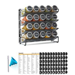 SpaceAid Spice Rack Organizer with 20 Spice Jars, 386 Spice Labels, Chalk Marker and Funnel Set for Cabinet, Countertop, Pantry, Cupboard or Door & Wall Mount - 20 Jars, 9.8" W × 10.8“H, Black, Ink Pen Is Broken