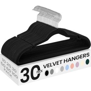 SONGMICS Velvet Hangers 30 Pack, Non-Slip Clothes Hangers with Shoulder Notches, Pants Bar, 360 Swivel Hook, Space-Saving, for Closet, Ink Black UCRF029B03