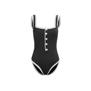 Saodimallsu Womens One Piece Swimsuit Vintage Ribbed Slimming High Cut Color Block Button Square Neck Bathing Suit (X-Small, Black)