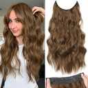 KooKaStyle Invisible Wire Hair Extensions with Transparent Wire Headband Adjustable Size 4 Secure Clips Long Wavy Hairpiece 20 Inch for Women
