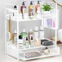 VITVITI 2 Tier Bathroom Organizer Countertop with Drawer, Metal Mesh Bathroom Counter Vanity Organizer Storage, Bath Room Shelf Sink Kitchen Spice Rack with Basket Hooks, White