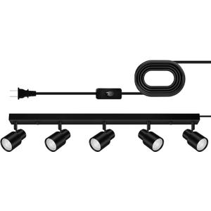 Plug in Track Lighting, 30" LED Track Light Fixtures Ceiling, Black 5 Way Ceiling Lights for Kitchen, 15FT Cord, Rotatable Light Head, Rocker Switch, Plug Spotlight for Bedroom Hallway(GU10, NO Bulb)