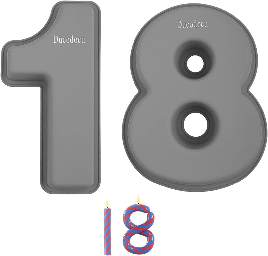 Ducodocu Silicone Number Cake Pan Large 3D Number Cake Mold Baking Forms Novel Cake Tins DIY Baking Mold for 2/20th Birthday Wedding Anniversary 10 inch Number of 1&8, Pack of 2 