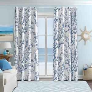 weesire Nautical Coastal Curtains Decorative Beach Ocean Coral 50% Light Blocking Sea Darkening Grommet Curtain for Villa Living Room, Bedroom Light Blue and White 2 Panels Set, 52x84 Inches