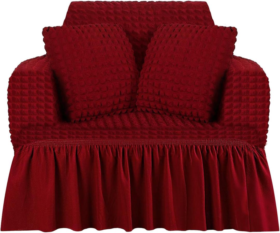 1 Sofa Slipcover and 2 Pillow Cover Set Sofa Couch Cover with Skirt Durable Washable High Elastic Stretchable Furniture Protector(Wine Red, S)