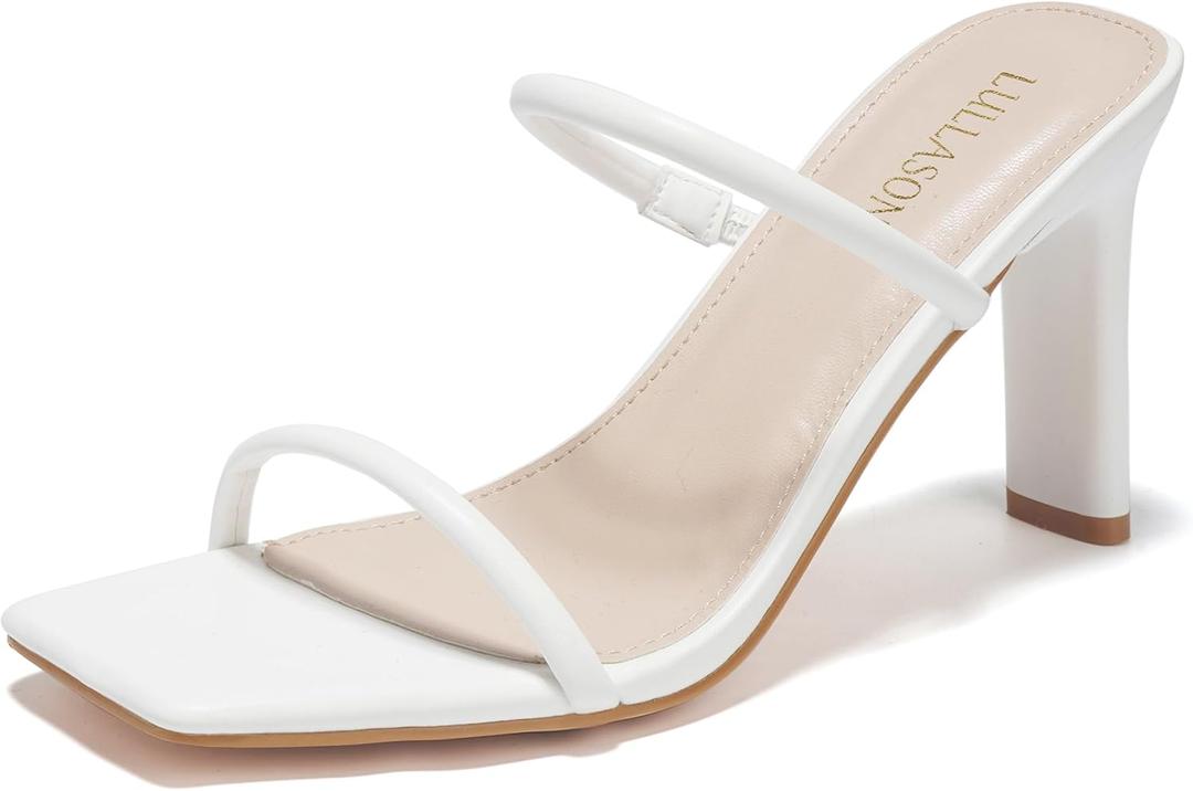 LULLASONG Women's Heels Sandals Block Chunky Mid Heels Slip On Slides 3.5 Inch Heeled Square Open Toe Sandals for Women