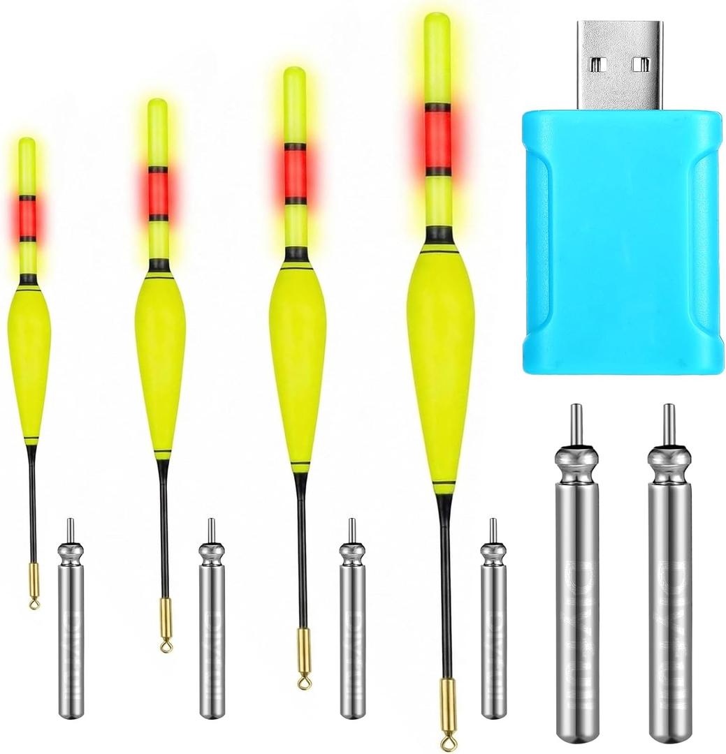 4 Pcs Lighted Slip Bobbers Light up Fishing Floats Miexed 4 Weights Glow in The Dark Spring Bobber with Green Light Tail with Battery Charger Set for Night Fishing Crappie Walleyes