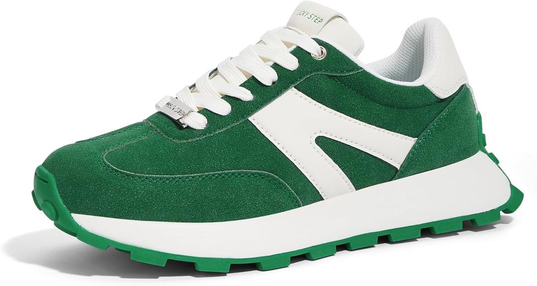 LUCKY STEP Women's Platform Fashion Sneakers Retro Classic Trainers Casual Lace-up Stylish Tennis Running Walking Shoes (8, Green)
