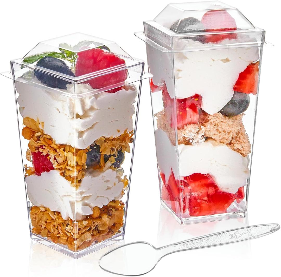 Qeirudu 3 oz Mini Dessert Cups with Lids and Spoons, 50 Pack Plastic Parfait Cups Dessert Shooter Cups for Individual Appetizers Mousse Trifle Ice Cream