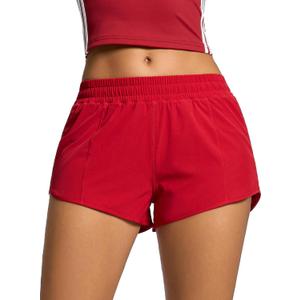 MCEDAR Women's Running Shorts Low Waisted,Quick-Dry with Mesh Liner, Lightweight Athletic Workout Gym Shorts with Zip Pocket (Red, L)