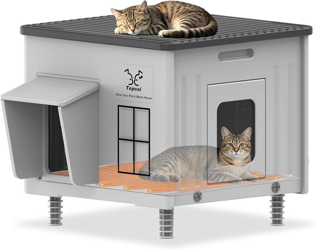 Indestructible Heated Cat House for Outdoor Cats in Winter, 100% Waterproof & Weatherproof Heated Cat House for Outside, Fully Insulated Feral Cat Shelter for Outdoor Barn Strays, 17.7 x 17 x 17.5 in