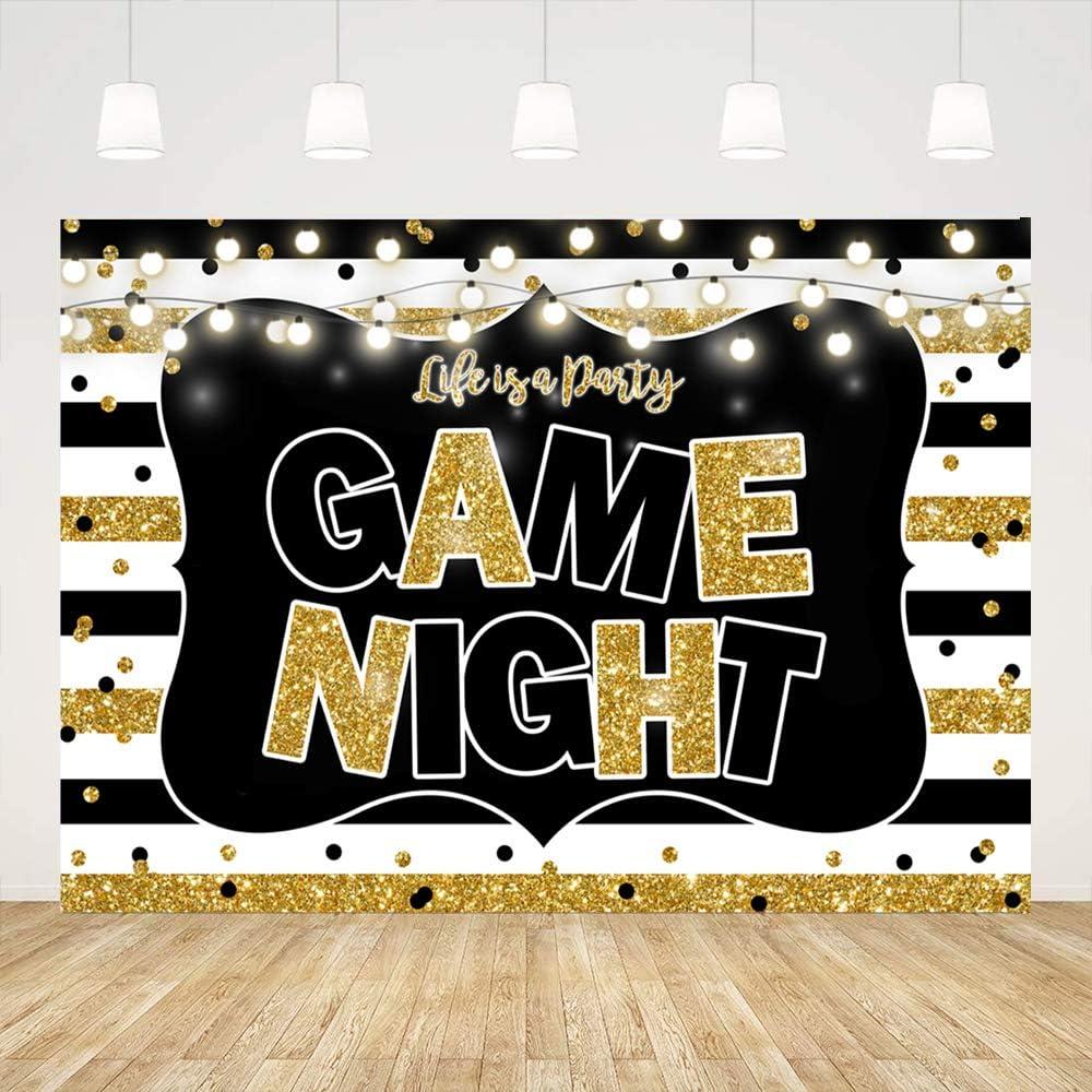 Ticuenicoa 9x6ft Game Night Party Backdrop Black and Gold Stripes Photo Background Game On Birthday Party Supplies Kids Adults Gaming Party Decorations Baby Shower Cake Table Photo Booth Props