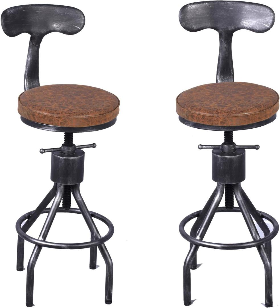 LOKKHAN Set of 2 Industrial Leather Bar Stools-Adjustable Swivel Metal Bar Stool-24-30 Tall Seat Height Counter Height to Bar Height-Kitchen Stool Dining Chair,Cafe Stools with with Backrest, 24.21"-30.12" H x 15.8" W x 15.8" D