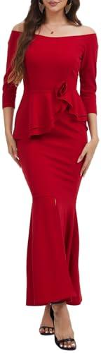 Red Elegant Wedding Long Sleeve Bodycon Cocktail Maxi Dresses for Women Formal Off Shoulder Split Evening Gown Prom Mermaid Party Dress XXL