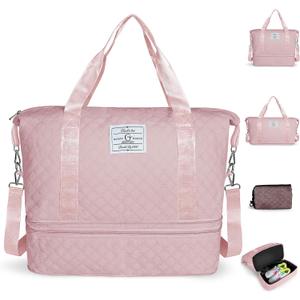 Geestock Travel Duffel Bags, Overnight Bags for women, Carry on Bag with Shoe Compartment & Trolley Sleeve, Hospital Bag for Women Labor Delivery, Gym, Weekender, Pink, 15.3"7.9"14.2"