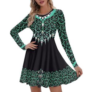 Women's St. Patrick's Day Long Sleeves Printed Irish Twirl Dance Dress (Large)