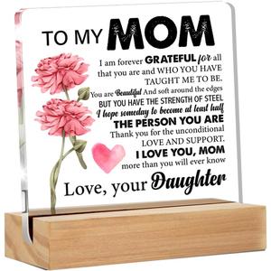 Yuzi-n Acrylic Desk Decorative Sign, 4 x 4 Inches, Mother's Day Birthday Christmas Gift, Floral Grateful Clear Signage for Home Decor