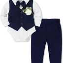 SANMIO Baby Boy Clothes Suits Infant Gentleman Outfit Collared Dress Shirt+Vest+Tie+Corsage+Pants 5Pcs Baby Suit Sets (6-12 Months, Navy Blue)