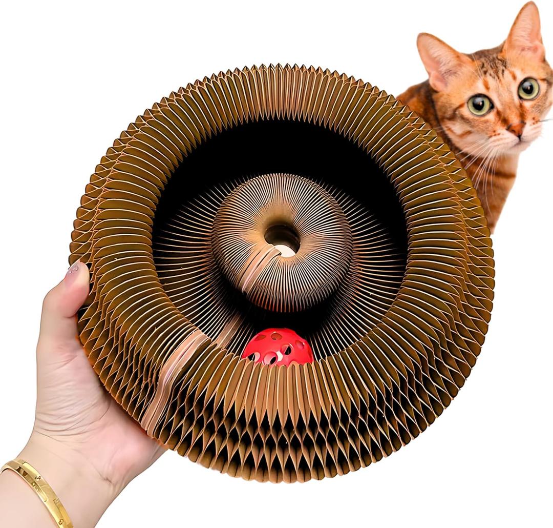 KITTY KURLZ Interactive Cat Toy & Cardboard Cat Scratcher, Collapsible Ball Track with Bell, Reversible Scratch Ring for Play, Chase and Lounge