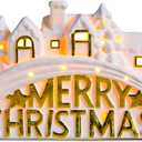 Bdor Lighted Ceramic Christmas Village Decor  11" White LED House Scene with Golden Merry Christmas Sign  Battery Operated Holiday Tabletop Decoration for Mantel, Shelf, or Window