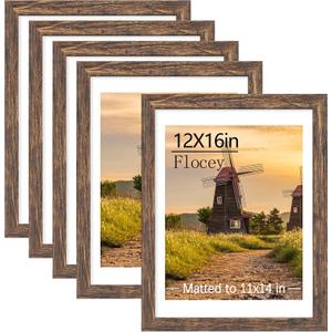 12x16 Picture Frame 5 Pack, Rustic Brown Photo Frame, Display Pictures 11x14 with Mat or 12x16 without Mat for Horizontal or Vertical Wall Mounting, Wall Gallery Frame for Artwork Certificate