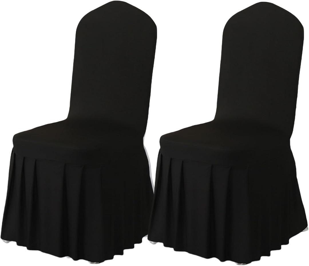 Qubjus 2 Pack Stretch Spandex Dining Chair Covers with Skirt  Washable & Fitted Slipcovers for Dining Room Chairs, Weddings, Home, Hotel Decor  Black