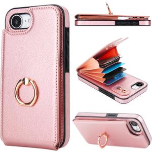 Folosu Compatible with iPhone 17e 16e Case Wallet with Card Holder, 360Rotation Finger Ring Holder Kickstand, RFID Blocking Leather Protective Double Buttons Shockproof Cover 6.1 Inch Rose Gold