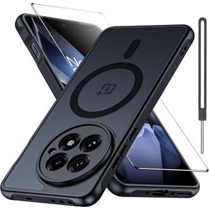 Matte Case for Oneplus 13R 5G with Screen Protector, Compatible with Magsafe,[Wrist Strap] Magnetic Shockproof Military Drop Protection Translucent Back Slim Bumper Phone Cover(Black)
