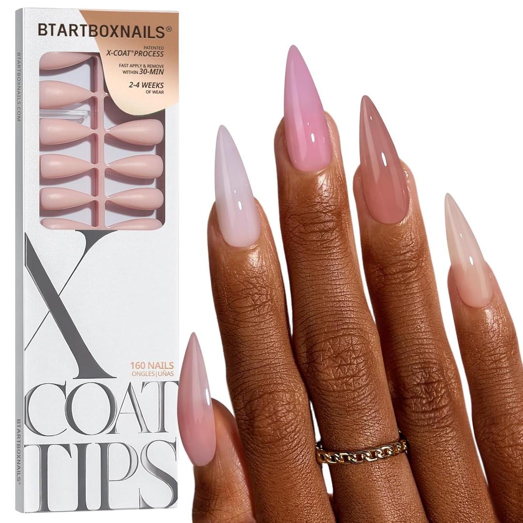 BTArtboxnails XCOATTIPS Bare 5-Shades Nude Press on Nails - 4-Week Wear Long Stiletto Press on Nails, Easy to Apply, Soak Off, Salon Quality Value at Home, 16 Sizes - 160 Fake Nails