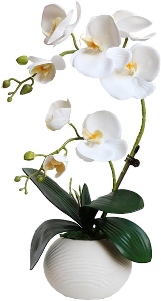 LESING Artificial Potted Orchid Flower for Table Centerpieces,Real Touch White Fake Orchid Flowers in Vase for Home Decoration (Style 5,White)