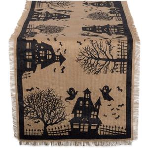 DII Halloween Primitive Style Burlap Tabletop Dcor, Spooky Haunted House Jute, Table Runner, 14x113, Black & Tan