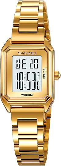 MASTOP Gold Digital Watch for Women Square Stainless Steel Waterproof LED Watch with Date, Alarm, Stopwatch, Countdown (Gold White)