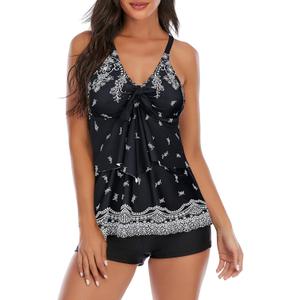 Century Star Two Piece Tankini Swimsuits for Women 2025 Modest Tankini Bathing Suit Tops Shorts Tummy Control Swimwear (6-8, B Black Broken Flower)