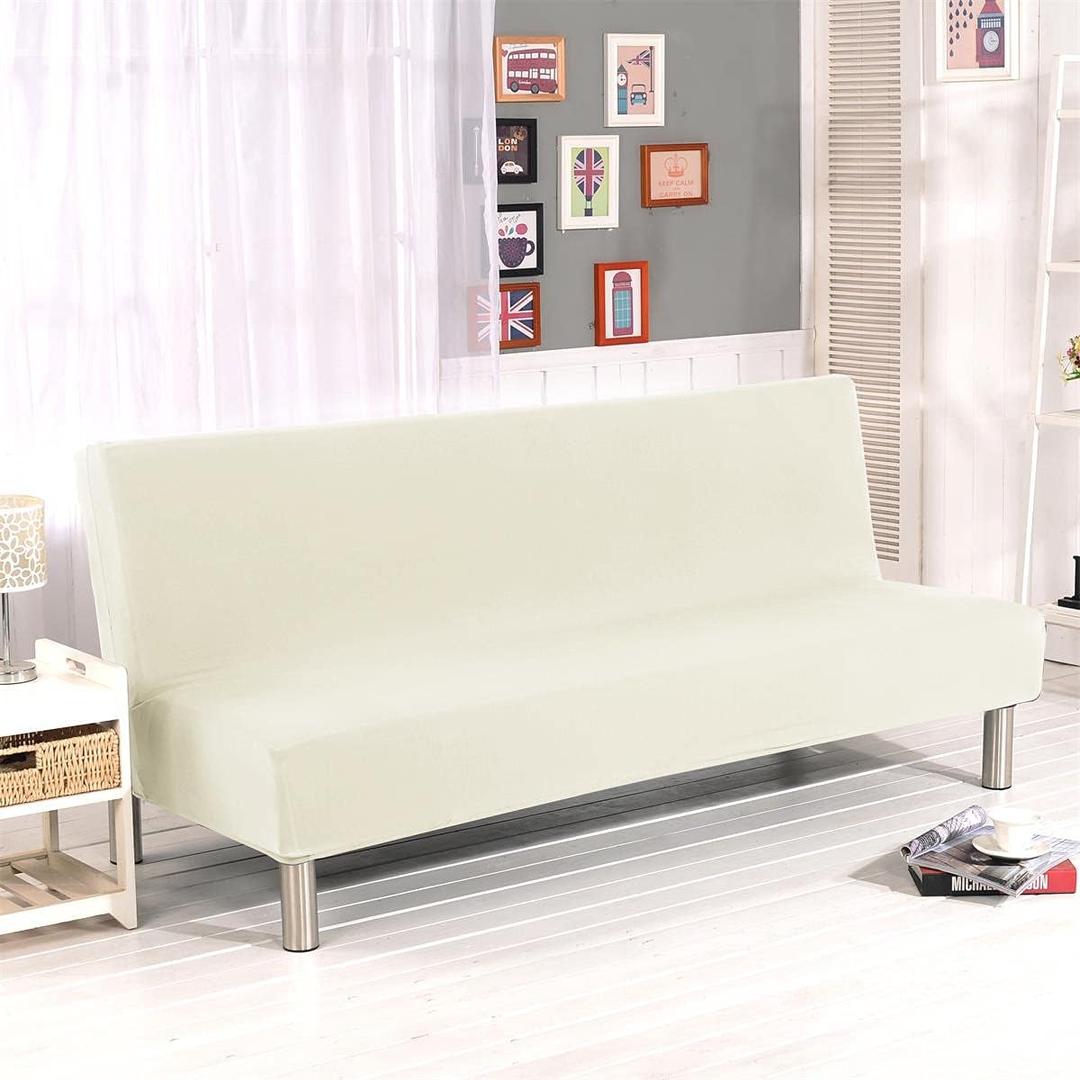 Stretch Futon Cover Armless Sofa Slipcover Foldable Sofa Bed Covers with Elastic Band, Machine Washable (Beige)