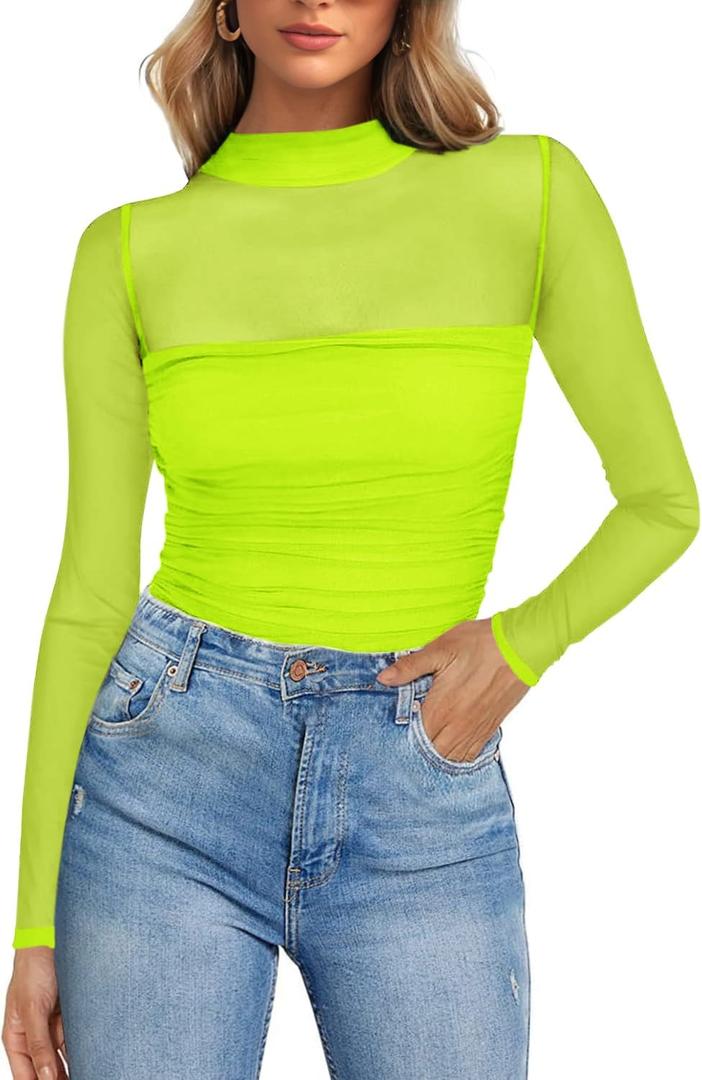 Poetsky Women's Sexy Sheer Long Sleeve Tops Mock Turtle Neck Mesh Ruched Fall Trendy Going Out Shirt Fitted Blouse 2026 (Neon Green, XL)