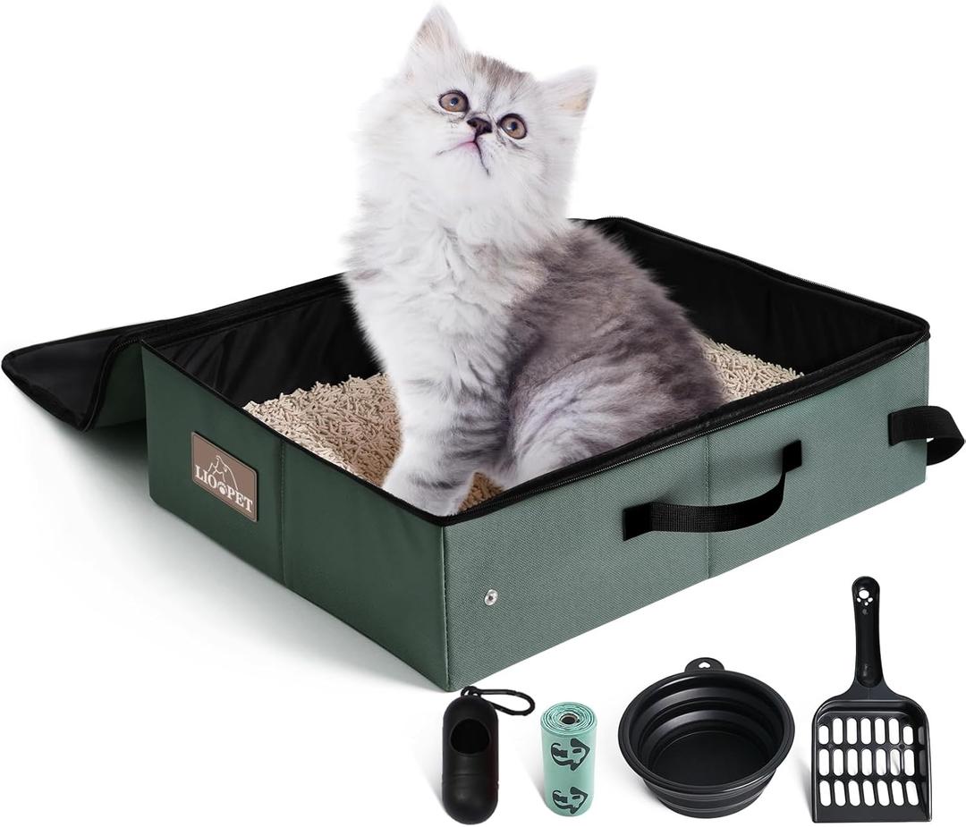 Upgrade Portable Litter Box with Lid, Leak-Proof Collapsible Cat Litter Box Great for Travel Hotel Stays and Road Trip 18x14x5.5 Inches (Large, olive gray)